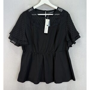 Bloomchic Women's Plus Sz 14-16 (US 1X) Black Lace‎ Sheer Ruffle Sleeve Blouse